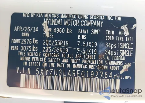 2014 Hyundai Santa Fe Sport 2.0L Turbo z USA, uszkodzony, nr VIN 5XYZU3LA9EG192764